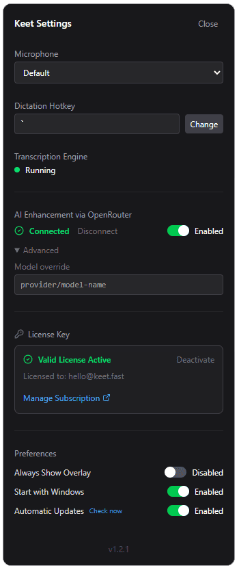 Keet Settings Window